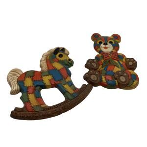 Vintage Lot Of 2 Foam Craft 1979 Rocking Horse Teddy Bear Wall Plaques